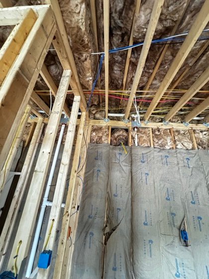 Low-voltage kept on its own path &mdash; the blue data runs separated from the electrical.