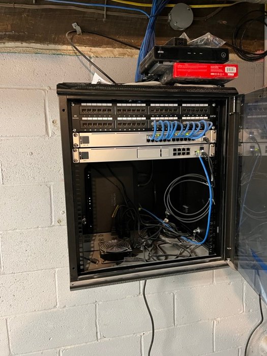Vertical wall-mount rack with CAT6 patch panel, switch and business gateway