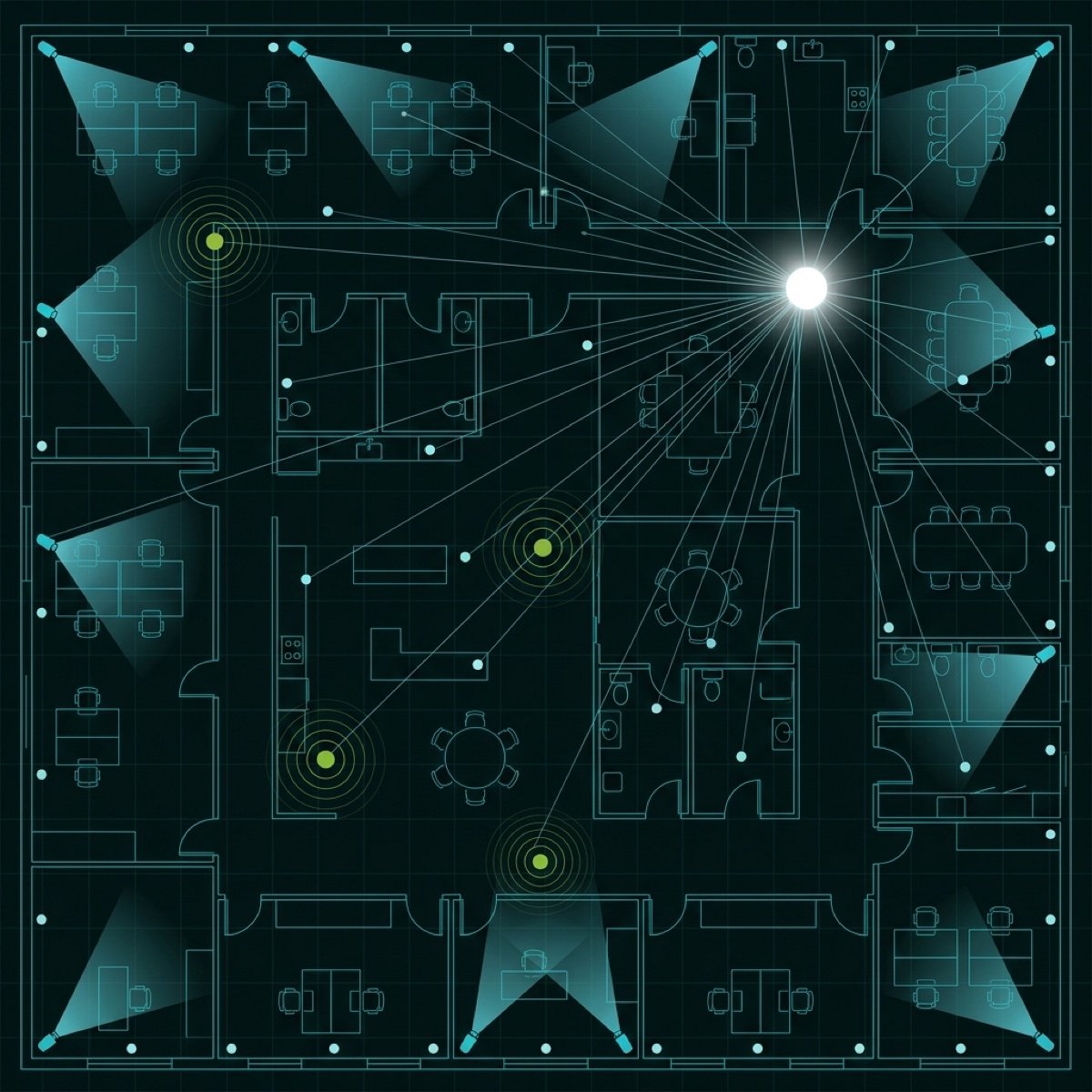 Floor plan schematic showing camera coverage cones, access point signal rings and data outlets converging on one head-end